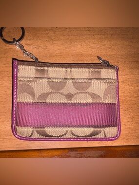 Coach Tan Signature Card Case with Purple Stripe and Keychain